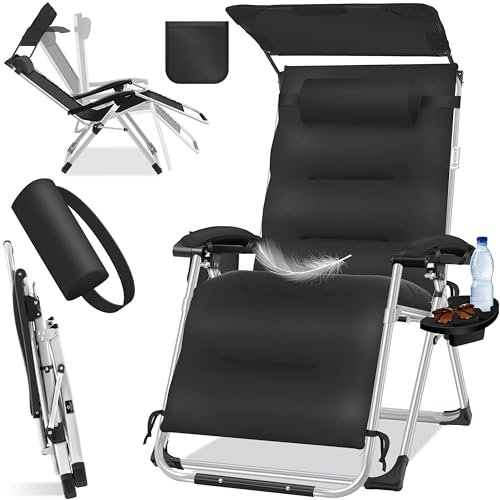 KESSER® Sonnenliege Liegestuhl,Gartenliege Wetterfest, Belastbar 200kg, Ergonomisches Polster verstellbare Rückenlehne inkl. Nackenkissen Getränkehalter Armpolster & Seitentasche mit Dach Schwarz