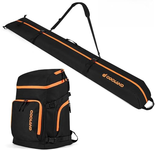 Odoland Ski Bag and Boot Bag Combo, Padded Ski Bags for Air Travel, Snow Ski bags Fit Ski Up to 200cm, Waterproof Double Bag for Storage, Transport Ski Gear, Black & Orange