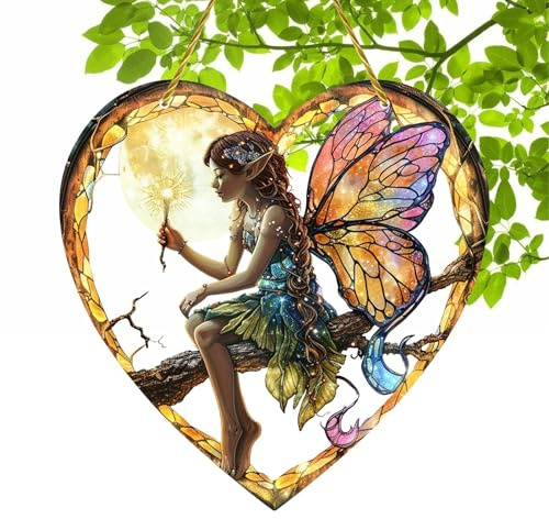 Manualidad de Hada atrapasol - Hada atrapasol, Adorno Colgante de Ventana Colorido, Adorno de Ventana manchada, decoración de Ventana de Hadas en Forma de corazón para decoración de Pared del hogar
