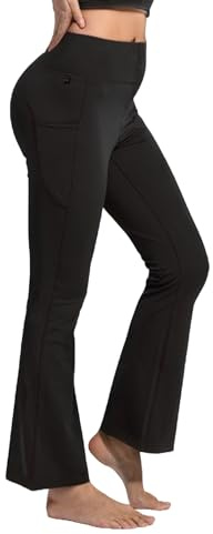 YUSHOW Yogabyxor, dam, slagbyxor, hög midja, joggingbyxor, svarta med fickor, sportbyxor, långa bootcut, träningsbyxor, fitness, gym, svart, L
