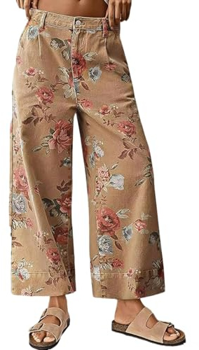loveimgs Women Mid Rise Cropped Wide Leg Jeans Baggy Floral Ankle Pants Denim Capris Flare Print Boho Palazzo Jeans Boyfriend (X-Large,Khaki)