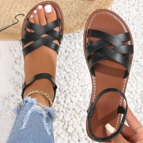Wide Fit Sandals for Women,Cross Strappy Sandals for Women,Open Toe Slippers Sandals,Elastic Strap Hiking Sandal,Non-Slip Beach Flip Flops Lightweight Sliders,Women's Flat Slide Sandals