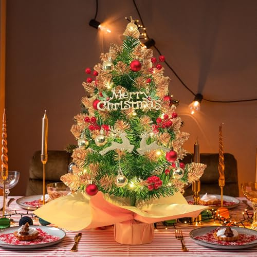 Mini albero di Natale, albero di Natale piccolo da 60 cm con illuminazione LED, albero di Natale da tavolo piccolo artificiale decorato per la decorazione di Natale, per casa, ufficio, tavolo da