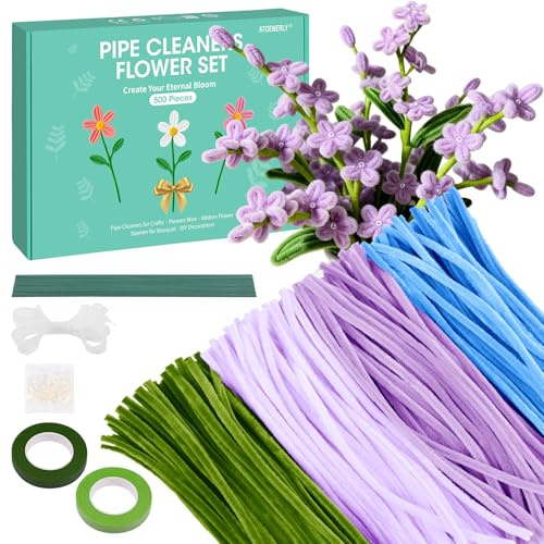 500 Piezas Limpiapipas Manualidades, Limpiador de Pipas para Manualidades,Set de Limpiapipas Flores Tulipán,Flores Decoración Kit Limpia Pipas con Cinta adhesiva, Estambres (Púrpura)