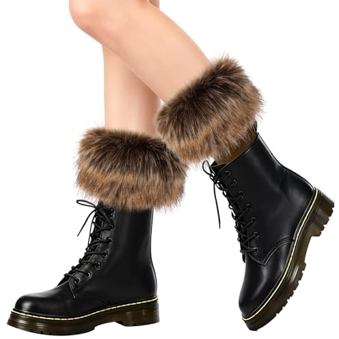 XEPST Faux Fur Leg Warmers Boot Cuffs Furry Wrist Cuffs Warmer for Women, Short Furry Fuzzy Leg Cuffs for Costume Cosplay, Dark Brown