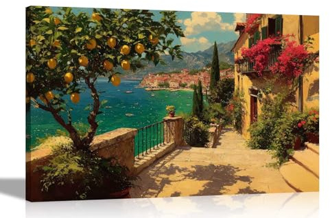 Artley Prints - Lemmon Tree Mediterranean Coast Oil Painting Print Canvas Wall Art Pictures For Office Home Hallway Large 86 x 61cm (34 x 24 inches) A1