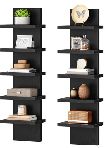 HOOBRO 5 Tier Wall Shelf Unit, 2 Pack Floating Shelves Wall Mounted, Wall Mount Vertical Shelving, Floating Storage Rack, Organizer Tall Tower Design for Livingroom, Bedroom, Kitchen, Black BB18BJP201