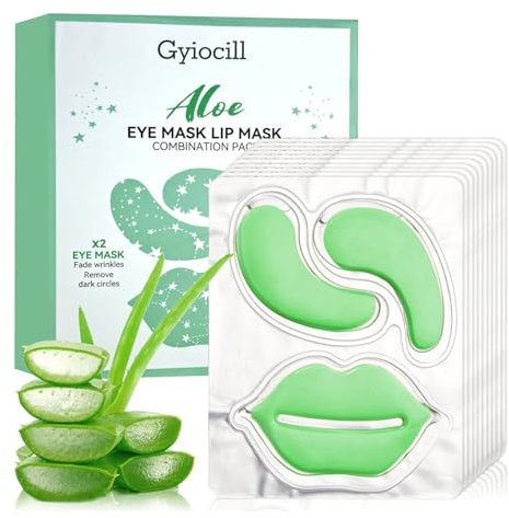 Almohadillas para los ojos y máscara de labios de aloe vera (almohadillas antiedad contra arrugas, bolsas de los ojos e hinchazón, almohadillas refrescantes de aloe vera para ojos radiantes, ideal