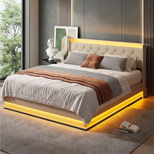 Xbro Letto Matrimoniale Imbottito 140x200 cm con Contenitore Idraulico, Illuminazione LED Integrata e Prese USB, Struttura Rinforzata, Tessuto Beige