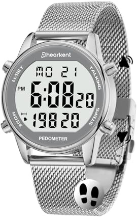 Reloj digital parlante con podómetro, hora de habla/fecha/pasos/calorías en inglés, 5 alarmas, retroiluminación EL, LCD número grande, sin Bluetooth, contador de pasos para ancianos/ciegos (plateado)