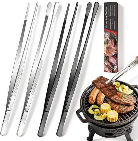 Set 4 Pezzi da Pinze da Cucina 30 CM in Acciaio Inox Pinza Cucina con 2 Design Diversi Punta Arrotondata per Cucinare Friggere e Grigliare Estremità Appuntita per Impiattare e Decorare Nero e Argento