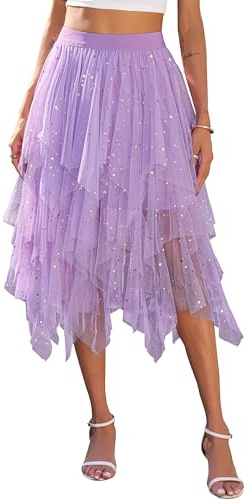 Lovasy Lång paljett dam tyllkjol oregelbundna kjolar i tyll plisserad midikjol skiktad tutu-kjol elegant nätkjol för karneval halloween jul fest prom, A-lila, XXL-3XL