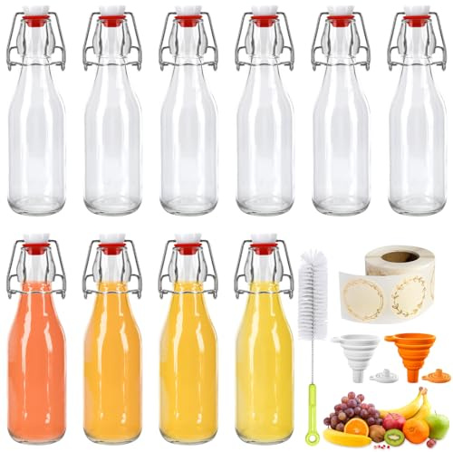 TEGOVE 10 botellas de cristal de 250 ml con cierre de clip, para rellenar, incluye etiquetas y embudo, botellas de planchado para rellenar jarabes, bebidas, aceites de cocina, vinagres aromatizados