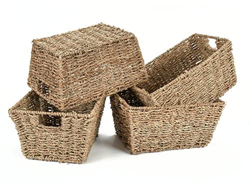 Woodluv Seagrass Woven Wicker Shelf Storage Basket Set, Display Gift Hampers, Set of 4 Handwoven Multi-Purpose Shelves Storage Baskets W/Handles for Bedroom & Home Office
