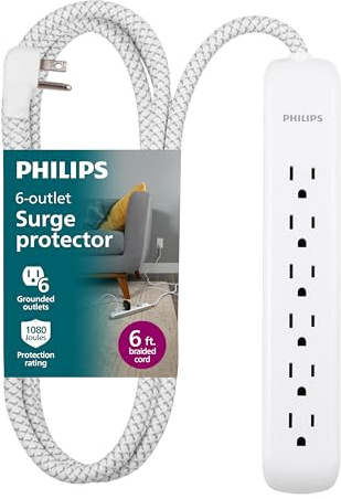 Philips 6 Outlet Power Strip Surge Protector, 6 Ft Power Cord, Designer Braided Extension Cord, Flat Plug, Perfect for Office or Home Décor, 1080 Joules, White, SPC3054WA/37