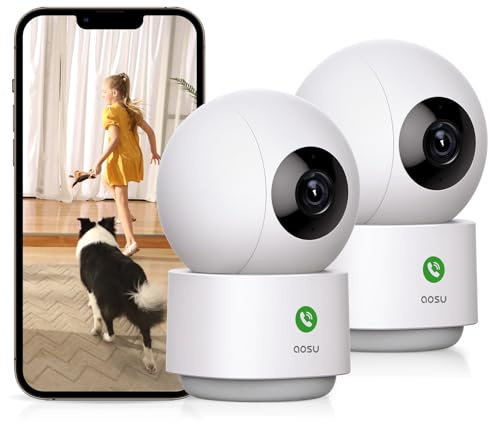 aosu 2K Security Camera Indoor, Baby Monitor Pet Camera One-Touch Call, Smart Motion Tracking, IR Night Vision, Compatible with Alexa, 2 Pack