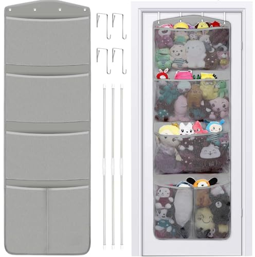 Stuffed Animal Storage, with 3 Large Pockets and 2 Medium Pockets, Over The Door Organizer Storage for Closet, Baby, Plush Toy, Hanging Door Organizer for Nursery, Bedroom, Bathroom, Kids Room （Grey)