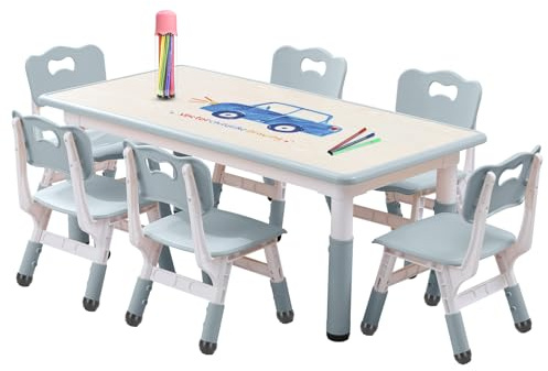 Kids Table and Chairs Set, Height Adjustable Desk With 6 Seats for Ages 3-12,Arts & Crafts Table,Graffiti Desktop, Non-Slip Legs, Max 300lbs, Children Multi-Activity Table for Classrooms,Daycares,Home