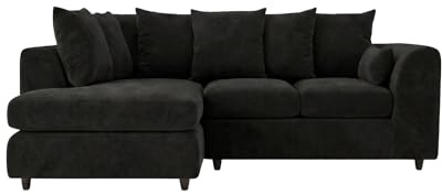 Gamzo L Shaped Sofa with Solid Wood Frame – Contemporary Scatter Back Design, Cushions and Soft Curved Arms | Left Hand Plush Velvet Corner Sofa for Living Room (Black)