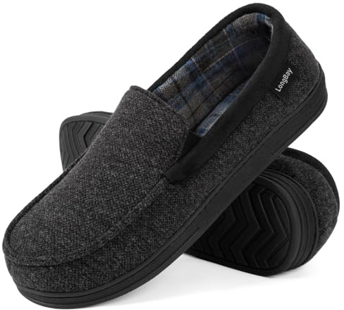 LongBay Men's Moccasin Slippers Memory Foam Plush Fleece House Shoes in Indoor Outdoor Fashion Black, 10