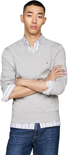 Tommy Hilfiger Jersey Hombre Essential Cotton con Cuello de Pico, Gris (Light Grey Heather), L
