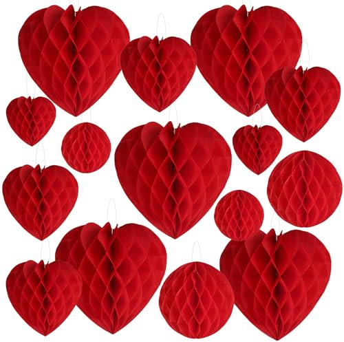 15 Pcs Red Paper Honeycomb Heart & Round Hanging Balls - Valentines Decoration Kit with Pom Poms for Romantic Wedding, Valentines Day Birthday Parties, Anniversary Party Decors