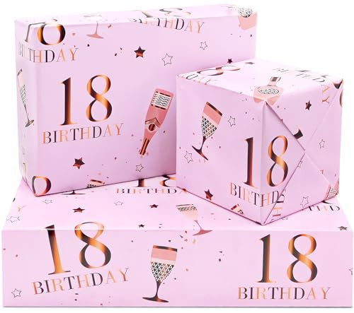 ADQUATOR Geschenkpapierbögen zum 18. Geburtstag, 50 x 70 cm, Roségold und Rosa, Happy Birthday, Geschenkpapier für Mädchen, 5 Bögen