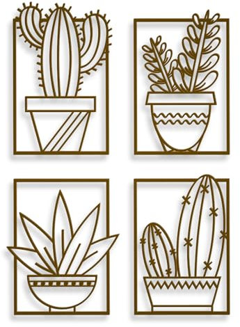 Tres Aristas | Set di 4 quadri Minimalisti Cactus | Arte lineare moderna | Decorazione da parete per soggiorno, camera da letto o ufficio | Quadri originali (bronzo)
