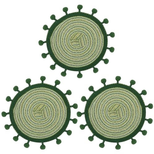 BEAMARKER Boho Round Coasters Set of 3 Cotton Macrame Cute Cup Mats Handmade Woven Table Placemat with Tassel for Drink Kitchen Cups Christmas Housewarming Home Farmhouse Decor Green 5.12 Inch
