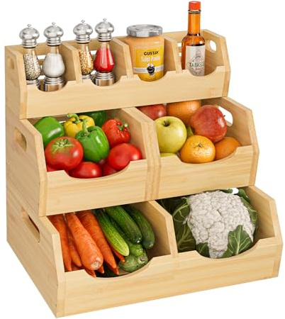 OCPO HOME Corbeille à Fruits 3 Étages, Panier à Fruits en Bambou, Support à Panier de Fruits Rangement en Bois pour Les légumes, Légumes, Pain, Collations