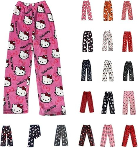 Chnnamzu Pantalon Pyjama Femme Long Flanelle Bas de Pyjamas Polaire Chaud et Doux Confortable Anime Dessin Animé Y2K Kawaii Décontracté pour La Maison Pantalon de Pyjama