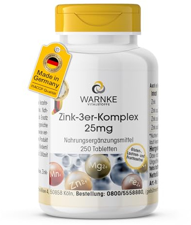 Zink 3er Komplex 25mg – 250 tabletter – 25mg per tablett – HÖGDOSERAD – Tysk apotekskvalitet – vegan | Warnke Vitalstoffe