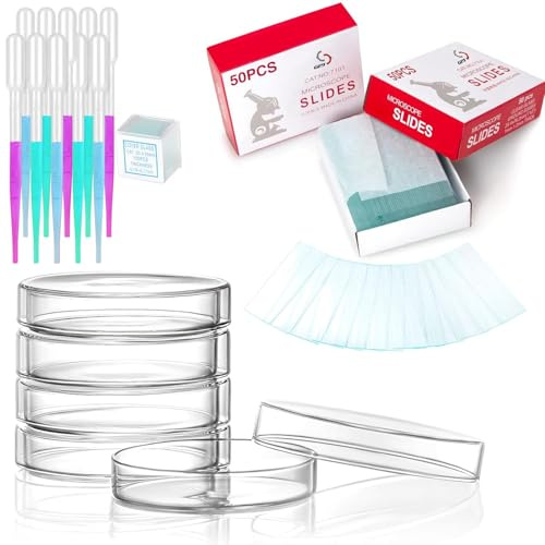 Medrialife Kit di 50 vetrini per microscopio pre-puliti e 100 coprioggetto per microscopio in vetro ad alta definizione, bordi levigati, con 5 piastre di Petri da 90 mm e 10 contagocce