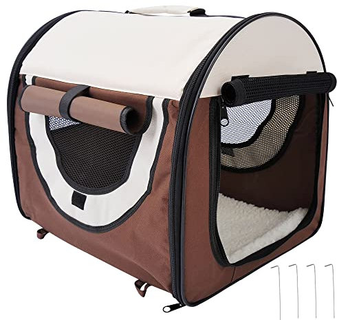 Pawhut Folding Fabric Soft Pet Crate Dog Cat Travel Carrier Cage Kennel House Brown 46L x 36W x 41H cm