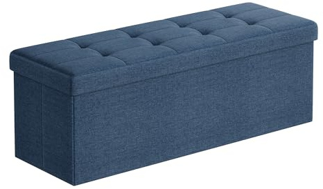 SONGMICS Mazie Collection - Banc de Rangement, Repose-Pieds Pliable de 110 cm, Bout de Lit, Montage Facile, pour Salon, Chambre, Entrée, Bleu Minuit LSF77IN