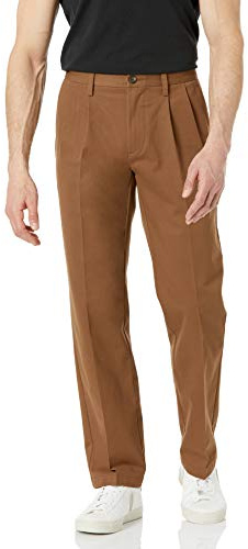Amazon Essentials Pantalon Chino plissé, Infroissable, Coupe Classique (Grandes Tailles Disponibles) Homme, Brun Kaki Foncé, 32W / 30L