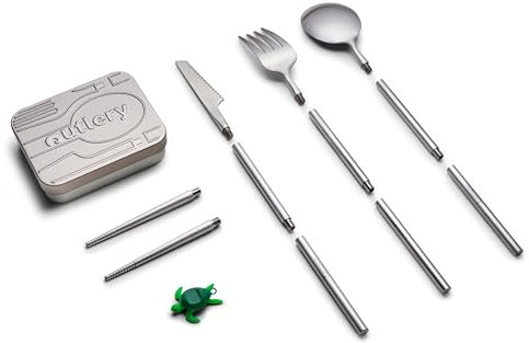 Outlery Full Set Portable and Reusable Stainless Steel Travel Cutlery Set with Reusable Chopsticks in Tin Case - Compact Travel Cutlery Set for Camping, Picnic, Office, and On-The-Go, Raw Silver
