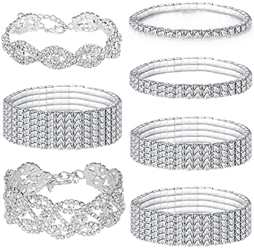 Jewdreamer 7PCS Rhinestone Bracelets for Women Cubic Zirconia Tennis Stretch Bracelet Bangle Bling Bikini Crystal Bracelet Sliver Sparkly Bridal Wedding Jewelry Bracelet Set