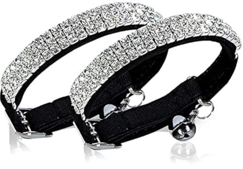 CHUKCHI Soft Velvet Safe Cat Adjustable Collar Bling Diamante with Bells,11 inch for Small Dogs and Cats (Black - 2 Pack)
