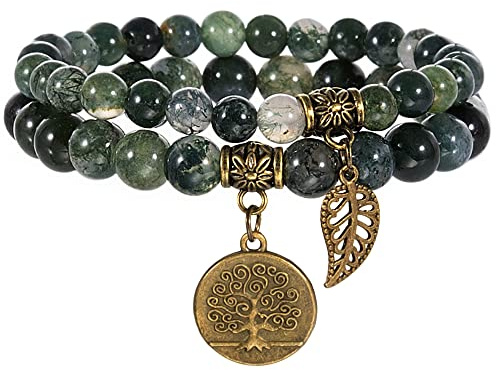Farfume Braccialetti Chakra da donna - Bracciale con cristalli di pietre curative per donna Bracciale con pietre preziose naturali - Un set di braccialetti con doppia perla(Agata muschiata)
