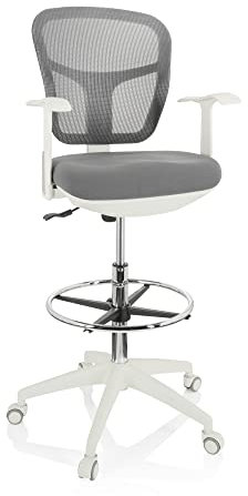 hjh OFFICE 760009 Arbeitsstuhl TOP Work 108 W Netzstoff, ergonomischer Counterstuhl mit Ring-Fußstütze, Grau/Weiß