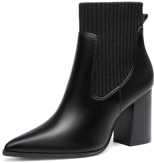 Coutgo Womens Pointed Toe Ankle Boots Elastic Chunky Block Stacked Mid Heel Comfortable Chelsea Booties Shoes