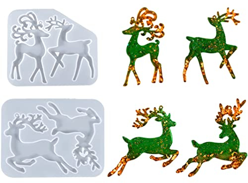 Christmas Mold, 2pcs Elk Shaped Christmas Resin Moulds Silicone Moulds for Resin Casting Christmas Decorations Moulds Crystal Epoxy Resin Mold for Christmas Tree Decorations DIY Crafts Gifts