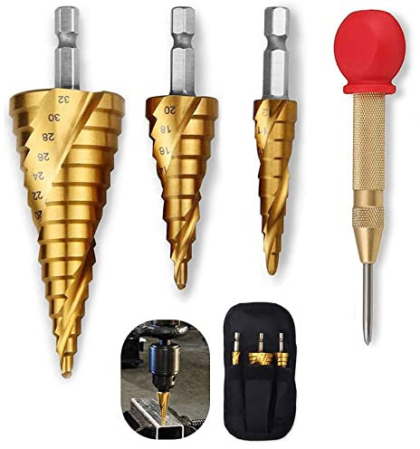 Profiwoab 4pcs Brocas Escalonadas Juego de Brocas Escalonadas Brocas Cónicas HSS Titanio para agujeros limpios, ideal para Plástico Madera Aluminio y Acero