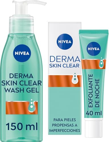 NIVEA Derma Skin Clear Peeling Exfoliante de Noche (1 x 40 ml) + NIVEA Derma Skin Clear Gel Limpiador (1 x 150 ml), para Pieles Propensas a Imperfecciones con Fórmula Vegana, Regenerador de Piel