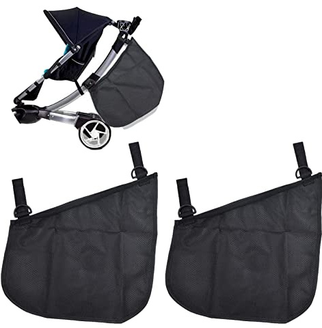 2 PCS Universal Side Sling Stroller Organiser Baby Pram Buggy Storage Bag Pushchair Organiser Bag with Non-Slip and Adjustable Straps, Stroller Net Bag (Black)
