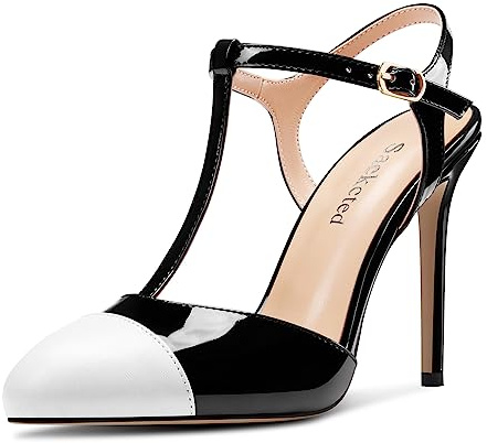Saekcted Womens Stiletto High Heel Round Toe Pumps Court Shoe Ankle Strap T-Strap Patchwork Prom Cute Summer 10 CM Heels Black Multicolor 5 UK