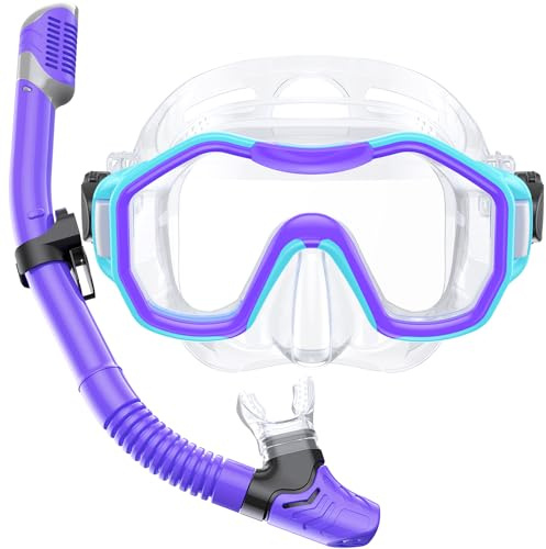 Kwambiri snorklingsutrustning för barn, torr-topp barnsnorkel, 180° panorama bred vy barn snorkelset för 6-14, andas fritt barn snorkelmask för snorkling, dykning simning resor (barn)