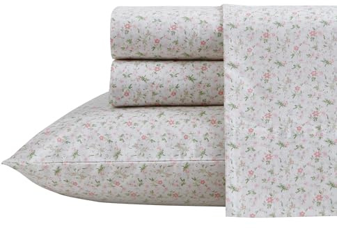 Laura Ashley - Queen Sheets, Cotton Percale Bedding Set, Lightweight & Breathable Home Decor (Evie Pink, Queen)