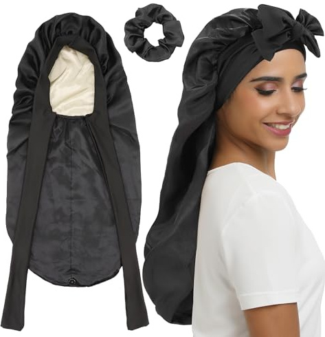 SENGTERM Gorro de Dormir de satén Largo para Mujer, Gorro de Seda elástico de Doble Capa para Trenzas con Cinta de Corbata